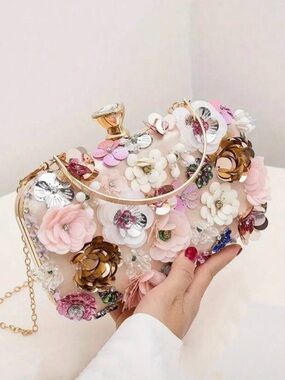 Nordstrom Ladies, Pink Floral Embellished Evening Clutch with Gold Hardware NEW